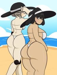 2024 2girls ass beach big_ass big_breasts bikini bikini_bottom bikini_top black_hair black_hat blush breasts bunny_ears clouds commission day female female_only freckles freckles_on_face grey_eyes hand_on_hat hat light-skinned_female light_skin looking_at_viewer looking_back ocean open_mouth orange_eyes outdoors pale-skinned_female pale_skin penismaster48 sand short_hair sideboob skinny small_breasts square_bikini standing striped_hair sun_hat thick thick_thighs thighs water white_bikini white_bikini_bottom white_bikini_top