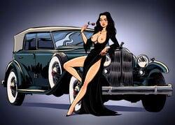 andrew_tarusov breastless_clothes breastless_clothing breasts car casual_nudity dress exposed_breasts goth gothic heels legs morticia_addams nipples pinup posing rose the_addams_family topless_dress vehicle