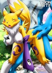 1boy 1girls anthro ass bbmbbf breasts digihentai digimon digimon_(species) exveemon female furry hi_res male male/female nipples one_eye_closed open_mouth palcomix penetration renamon sex tongue tongue_out toon.wtf