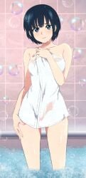 1girls bathing bathtub blue_eyes blue_hair botan_nagatsuki looking_at_viewer medium_breasts short_hair standing towel wet_body