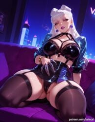 ai_generated balecxi black_garter_straps black_thighhighs breasts couch earrings evelynn evelynn_(league_of_legends) eyeshadow female garter_straps jewelry k/da_(league_of_legends) k/da_all_out_evelynn k/da_all_out_series league_of_legends long_hair looking_at_viewer makeup o-ring patreon_username skirt solo thick_thighs underwear white_hair yellow_eyes