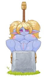 amad_no_moto blonde_hair breasts female genitals hammer highres humanoid large_breasts league_of_legends poppy presenting presenting_pussy purple_eyes pussy riot_games shortstack smile solo tools yordle