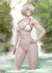 abs absurd_res alluring alternate_version_available aqua_eyes athletic athletic_female bare_legs big_breasts bikini bikini_top_only female female_abs female_only fit fit_female hairband hand_on_hip hand_on_own_hip high_res in_water light-skinned_female light_skin mole mole_under_mouth naked_from_the_waist_down navel nier:_automata nier_(series) oslight outside pin_up short_hair square_enix wading water white_hair yorha_2b yorha_no._2_type_b