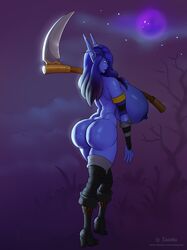 1girls 2d blue_skin breasts eleonore female female_only high_heels hyper_breasts lissanora naked_footwear nude scythe solo void_elf world_of_warcraft