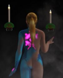 3d ass back_view blonde_hair bodysuit candle from_behind gloves half_naked jc-starstorm metroid metroid_(creature) nintendo pink_nail_polish ponytail samus_aran zero_suit zero_suit_samus