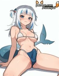 1girls 2025 ai_generated artist_name bangs bikini blue_eyes blue_hair blunt_bangs blush breasts breasts breasts bulge bust chest erection female fish_tail foxenpai futanari gawr_gura hi_res high_quality high_resolution highres hololive micro_bikini multicolored_hair navel patreon patreon_username shark_tail solo stable_diffusion streaked_hair swimsuit tail virtual_youtuber watermark white_bikini