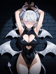 ai_generated angry breasts closed_mouth demon demon_girl duel_monster earrings female female horns konami labrynth_of_the_silver_castle lady_labrynth_of_the_silver_castle legwear leotard lovely_labrynth_of_the_silver_castle navel nervous silver_eyes slave slavegirl tied tied_hands twintails white_hair wings yu-gi-oh!