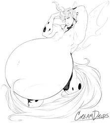 2015 anthro arms_up belly big_belly commission creamdrops female_prey furry huge_belly hyper_belly line_art male_pred male_vore muscular my_little_pony navel nipples oral_vore original_character prince_goldenheart tail vore