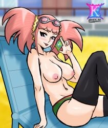 adult_female adult_version beach big_ass big_breasts black_stockings dinosaur kex56_art pink_hair pink_nipples purple_eyes sexy_pose swimsuit tomoko_kobashi zoe_drake