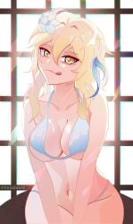 1girls belly_button big_thighs bikini blonde_hair blue_strand_of_hair exposed_torso female_focus female_only flower_in_hair genshin_impact looking_at_viewer lumine_(genshin_impact) medium_breasts medium_hair naughty_face nebulaere orange_eyes solo tongue_out tummy white_bikini