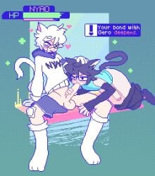 2025 amaruu animal_humanoid balls blush bottomwear bottomwear_down cat_humanoid clothed clothing digital_drawing_(artwork) digital_media_(artwork) duo english_text eyewear felid felid_humanoid feline feline_humanoid fellatio femboy fingerless_gloves footwear gameplay_mechanics genitals gero_(amaruu) glasses gloves gui hand_on_head hand_on_penis handwear health_bar heart_symbol humanoid humanoid_genitalia humanoid_on_humanoid humanoid_penis male male/male mammal mammal_humanoid oral pants pants_down partially_clothed penile penis pixel_(artwork) pixel_art sex shorts shorts_down sitting socks tail text underwear underwear_down