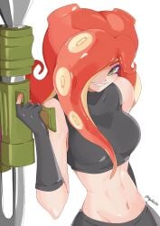 1girls digital_drawing_(artwork) digital_media_(artwork) female female_focus female_only gun hair_over_one_eye kyocallscats looking_at_viewer nintendo octarian octoling octoling_girl octoling_rival red_hair smirk smirking_at_viewer splatoon splatoon_(series) topwear twitter_username weapon