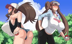 2girls alternate_breast_size armpits ass back bent_over big_ass big_breasts blue_eyes blush brown_hair clothed drooling eye_contact female half-closed_eyes hat hilda_(pokemon) huge_breasts human licking_lips long_hair looking_at_viewer nanashi_maru nintendo pantyhose poke_ball pokemon pokemon_bw pokemon_bw2 ponytail pose pussy_juice rosa_(pokemon) saliva shirt shorts standing sweat sweatband thick_thighs tongue twintails wet wide_hips