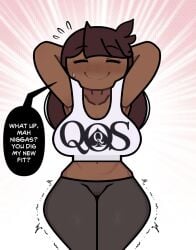 accurate_art_style armpits arms_up bangs blush bodily_fluids breasts brown_hair closed_eyes clothing crop_top dark-skinned_female dark_skin english_language english_text female flying_sweatdrops jaiden jaiden_(jaiden_animations) jaiden_animations jaidenanimations large_breasts long_hair midriff navel pants qos qos_clothing queen_of_spades_symbol sexually_suggestive shirt simple_background smile solo speech_bubble steca sweat sweatdrop tank_top text thelazyart thick_thighs thighs trembling white_shirt white_tank_top wide_hips youtube youtuber youtuber_girl youtubers