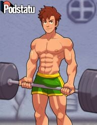 alex_mullner brown_hair bulge bulge_frottage bulge_under_clothes confident dumbbell gameplay_mechanics green_eyes grin gym gym_shorts lifting looking_at_viewer male male_only muscular muscular_male podstatu public_exposure public_indecency shameless shorts shorts_only smiling smiling_at_viewer spa stardew_valley teasing teasing_viewer working_out workout