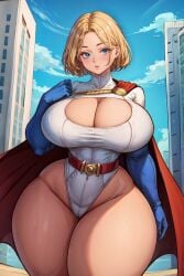 1girls ai_generated belt blonde_hair blue_eyes blue_gloves blue_sky blush breasts building cape city cleavage cleavage_cutout clothing_cutout cloud curvy day dc dc_comics elbow_gloves female female_only gloves highleg highleg_leotard huge_breasts karen_starr leotard looking_at_viewer outdoors parted_lips power_girl red_cape short_hair sky solo stable_diffusion tampopo thick_thighs thighs white_leotard wide_hips