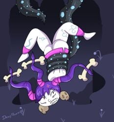 feet nymph_(rayman) pink_clothing purple_hair rayman_(series) tattoos tentacle tentacle tied_up upside-down voodoo_mama_(rayman) white_skin