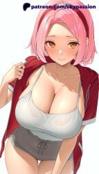 1female 1woman 2025 2d ai ai_assisted ai_generated alternate_breast_size anime anime_girl anime_style arstist_name blush breast_focus breasts breasts_focus camisole cleavage closed_mouth collarbone cowboy_shot dolphin_shorts drawstring female female female_focus female_only grey_shorts hairband hi_res high_quality high_resolution highres jacket large_breasts leaning_forward looking_at_viewer naruto naruto:_the_last naruto_(classic) naruto_(series) naruto_shippuden open_clothes open_jacket orange_eyes parted_bangs patreon patreon_username pink_hair red_hairband red_jacket sakura_haruno seductive seductive_look seductive_pose shirt short_hair short_shorts short_sleeves shorts simple_background skypassion smile solo solo_focus stable_diffision sweat thigh_gap thighs watermark web_address white_background white_camisole woman_focus woman_only