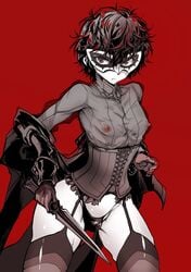 1boy akira_kurusu atlus bulge clothing coat corset crossdressing dagger female femboy girly human joker_(persona) male_only megami_tensei panties persona persona_5 phantom_thief_suit prprlo ren_amamiya see-through tagme thighhighs trap weapon