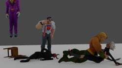 3d 3d_(artwork) aquaman blue_eyes chair clark_kent dark_deception dc_comics demon family_guy_death_pose female green_eyes helen_bierce joker legs legs_open malak_(dark_deception) male multiversus no_visible_genitalia shitpost suicide superman tongue tongue_out video_games white_hair white_skin