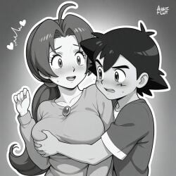 ai_generated couple delia_ketchum_(pokemon) hanako_(pokemon) incest mommy older_female petite_male pokemon satoshi_(pokemon) satoshi_(pokemon) younger_male