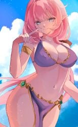 1girls belly_dancer belly_dancer_outfit blue_eyes cleavage elf elf_ears elysia_(honkai_impact) harem_girl harem_outfit honkai_(series) honkai_impact honkai_impact_3rd huge_breasts loincloth long_hair looking_at_viewer mofumanju pink_hair pointy_ears