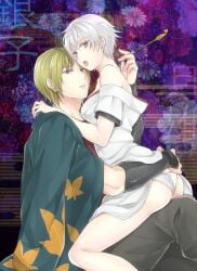 1boy 1girls 2015 ass blonde_hair bubble_butt canon_genderswap female fully_clothed genderswap_(ftm) genderswap_(mtf) ginko_sakata gintama gintoki_sakata japanese_clothes kimono kiseru looking_at_viewer male mdk620 off_shoulder panties pipe red_eyes rule_63 short_hair sitting sitting_on_lap sitting_on_person smoking smoking_pipe tsukuo tsukuyo very_short_hair white_hair white_panties