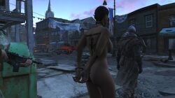 1girls 2boys 3d arms_behind_back back_tattoo bound_wrists clothed_male_nude_female collar completely_nude completely_nude_female deviousdesire fallout_4 game_screenshot gun nude nude_female only_one_naked short_hair short_hair_female slave slave_collar slavegirl tattoo weapon