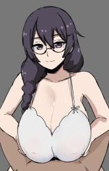 1boy 1boy1girl 1girls artist_name artist_request bakemonogatari big_breasts black_hair blush blush braid braided_hair braided_ponytail cum cum_on_breasts dark_purple_hair enormous_breasts exposed_underwear female_focus glasses hanekawa_tsubasa huge_breasts large_breasts looking_at_viewer monogatari_(series) naked naked_female naked_male paizuri paizuri_under_clothes pov purple_eyes smile smiling smiling_at_viewer tagme visible_nipples white_bra white_panties white_skin