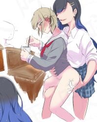 1other 2girls azusawa_kohane black_hair blonde_female blonde_hair blue_hair blush bottomless english_text erect_nipples female finger_fuck fingering lesbian_sex long_hair multicolored_hair partially_clothed partially_nude project_sekai school_uniform serafuku shiraishi_an skirt twintails vagina vaginal_insertion vaginal_penetration white_background yuri