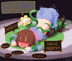 blush brown_hair crying dialogue embarrassed flowey_the_flower frisk_(undertale) tentacle tentacle tickling tickling_feet tied_up undertale undertale_(series)