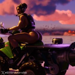 1girl 3d ass backpack bag beach black_footwear black_gloves blurry blurry_background boots breasts brown_hair cloud cloudy_sky dark-skinned_female dark_skin dusk fortnite gloves hair_bun headphones headset large_breasts leotard motor_vehicle motorcycle outdoors riding sideboob single_hair_bun sitting sky solo sunset tagme watermark waypoint