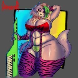 absurd_res anthro big_breasts breasts canid canine canis clothing corpse_eater curvy_figure digital_media_(artwork) ear_piercing female five_nights_at_freddy's five_nights_at_freddy's:_security_breach fur genitals green_hair hair hand_behind_back hi_res keyboard_instrument legwear lingerie looking_at_viewer mammal musical_instrument nude piercing pubes pussy ring_piercing roxanne_wolf scottgames simple_background solo steel_wool_studios tail thick_thighs tongue tongue_out voluptuous wolf