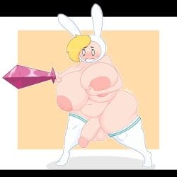 adventure_time alyaska2201 ass belly big_breasts big_butt bottom_heavy breast_grab breasts cartoon_network clothing fake_ears female fionna_and_cake fionna_the_human_girl genitals hand_on_breast hi_res holding_breast human intersex legwear mammal melee_weapon penis shocked shy solo stockings sword tights weapon