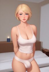 1futa 2d ai_generated aka6_(style) balls_in_panties bed bedroom blonde_hair blondshell blue_eyes bulge bulge_through_clothing candle civitai cleavage clothed futanari layered_hair looking_at_viewer medium_breasts navel original_character panties penis_in_panties seductive_look seductive_smile short_hair tank_top