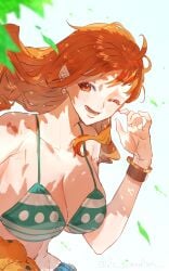 1girls artist_name bare_arms bare_midriff big_breasts bikini bikini_top blush breasts brown_eyes cleavage clothed clothing collarbone earrings female female_focus female_only huge_breasts large_breasts leaves long_hair midriff nami nami_(one_piece) navel one_eye_closed one_piece orange_hair post-timeskip sc_scandium simple_background slim_waist solo solo_female tangerine_(fruit) thin_waist white_background