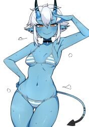 1girls artist_request bikini blue_skin choker demon_girl horns looking_at_viewer oni oni_female oni_girl oni_horns petite small_breasts solo soukaku soukaku_(zenless_zone_zero) striped_bikini swimsuit tagme tail zenless_zone_zero