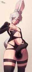 1boy :q animal_ears ball_bulge black_thighhighs bulge bunny_boy bunny_ears commission cowboy_shot ears_up final_fantasy final_fantasy_xiv glasses grey_hair josou_seme licking_lips lingerie looking_at_viewer looking_down male_only matemi nipples original otoko_no_ko penis_bulge rabbit_boy rabbit_ears rabbit_tail short_hair smiling smiling_at_viewer solo standing tail taiyo_akari thick_thighs thigh_strap thighhighs thighs underwear viera voluptuous