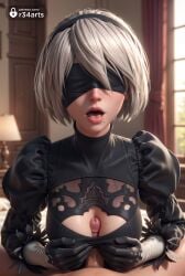 1boy 1boy1girl 1girls 2b_(nier:automata) ai_generated artist_name black_blindfold black_dress black_gloves blindfold blurry blurry_background breasts breasts_squeezed_together cleavage cleavage_cutout clothed_female_nude_male clothing_cutout covered_eyes curtains dress facing_viewer gloves hairband hi_res indoors lamp lips long_sleeves medium_breasts mole mole_on_breast mole_under_mouth nier:_automata nier_(series) nier_replicant nude open_mouth paizuri paizuri_under_clothes penis pov r34arts short_hair solo_focus straight tongue tongue_out uncensored upper_body white_hair window yorha_2b