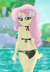 back_view beach bikini blue_eyes emeraldblast63 equestria_girls female fluttershy_(mlp) friendship_is_magic looking_back_at_viewer my_little_pony pink_hair solo