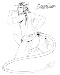 1boy ass big_penis creamdrops demon demon_male dreadlocks facing_away fangs horns line_art male male_only precum solo tail uncolored yaoi