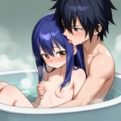 ai_generated bathtub black_hair blushing couple dark_blue_hair fairy_tail flat_chest flat_chested gray_fullbuster petite_female poorly_tagged small_breasts squeezing_breast wendy_marvell