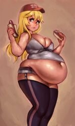 2017 bbw belly_overhang big_belly big_female blonde_hair blush blush chubby chubby_female embarrassed fat fat_ass fat_female fat_fetish fat_girl fat_woman fatty hot_dog iowa_(kantai_collection) kantai_collection kipteitei large_female obese obese_female overweight overweight_female pig plump pork_chop thick_thighs tubby weight_gain