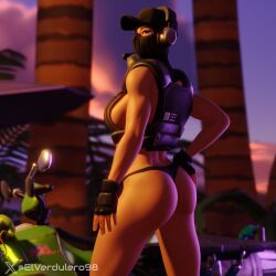 1girl 3d ass beach black_gloves black_panties breasts dusk fingerless_gloves fortnite from_behind gas_mask genderswap genderswap_(mtf) gloves hand_on_own_hip hat helmet large_breasts looking_at_viewer looking_back mask medium_breasts motor_vehicle panties sideboob solo sunset tagme thong underwear waypoint