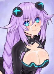 1girls afrobull balconette_bra big_breasts braids breast_rest breasts cleavage cum cum_between_breasts cum_on_breasts cum_on_face eyebrows_visible_through_hair eyes_visible_through_hair female glistening_hair hair_ornaments happy long_hair neptune_(neptunia) neptunia_(series) perky_breasts purple_hair purple_heart_(neptunia) pushup_bra round_eyes smile smiling solo tareme twin_braids