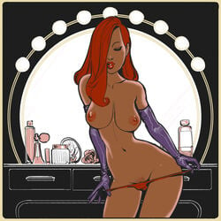 areolae bare_legs bare_shoulders big_breasts breasts busty disney elbow_gloves eyeshadow female female_focus female_only hair_over_one_eye hanging_breasts hourglass_figure jessica_rabbit large_breasts lipstick long_hair mirror navel nipples panties panties_down pinup pubic_hair pubic_hair_peek red_hair reflection solo tagme thick_thighs topless undressing who_framed_roger_rabbit wide_hips wintonkidd