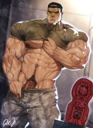 1boy bara black_hair blue_eyes broad_shoulders bulge bulge_through_clothing erection erection_under_clothes face_tattoo frank_castle imminent_penetration male_focus male_only marvel marvel_comics marvel_rivals masculine_male masculine_man military_pants muscles muscles_through_clothes muscular_arms muscular_male muscular_pecs musk musk_clouds pants_around_thighs pecs penis_peek pubic_hair pulling_down_pants punisher shirt_lift shirt_up sweat sweatdrop sweating sweaty_body tight_shirt