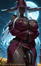 1futa absurd_res ai_generated althaean arms_crossed arms_crossed_under_breasts background backlighting breasts dark_skin earrings elden_ring erect_nipples futanari huge_balls huge_breasts huge_cock huge_testicles kemono looking_at_viewer mommy moon night precum precum_drip purple_eyes recluse_(elden_ring) robe seductive seductive_look shiny_skin smiling_at_viewer smirk stable_diffusion thick_thighs thighs voluptuous voluptuous_futanari white_hair witch_hat