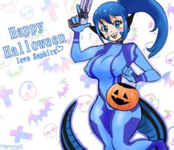 big_breasts black_scales blue_eyes blue_hair blush breasts cute digital_media_(artwork) dinosaur dinoterra facial_markings female fully_clothed gun hair halloween halloween_costume hips humanoid husa_(species) large_breasts long_hair metroid mommag nipple_bulge pale-skinned_female pale_skin ponytail pumpkin_basket raptor reptile samus_aran_(cosplay) saphira_ravennor scales utahraptor voluptuous white_background white_sclera wide_hips zero_suit