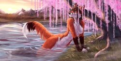 anthro blue_eyes breasts canid canine female fog fox fur genitals grass hair hi_res lake light looking_away mammal morning mountain nipples nude nude_anthro nude_female outside partially_submerged plant pussy seraphimka_(artist) slim solo sunlight tail tree water wet wet_body wet_fur wet_hair wet_hands wet_tail